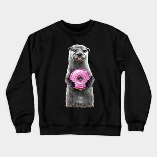 Otter Holding Doughnut, cute otter with pink donut Crewneck Sweatshirt